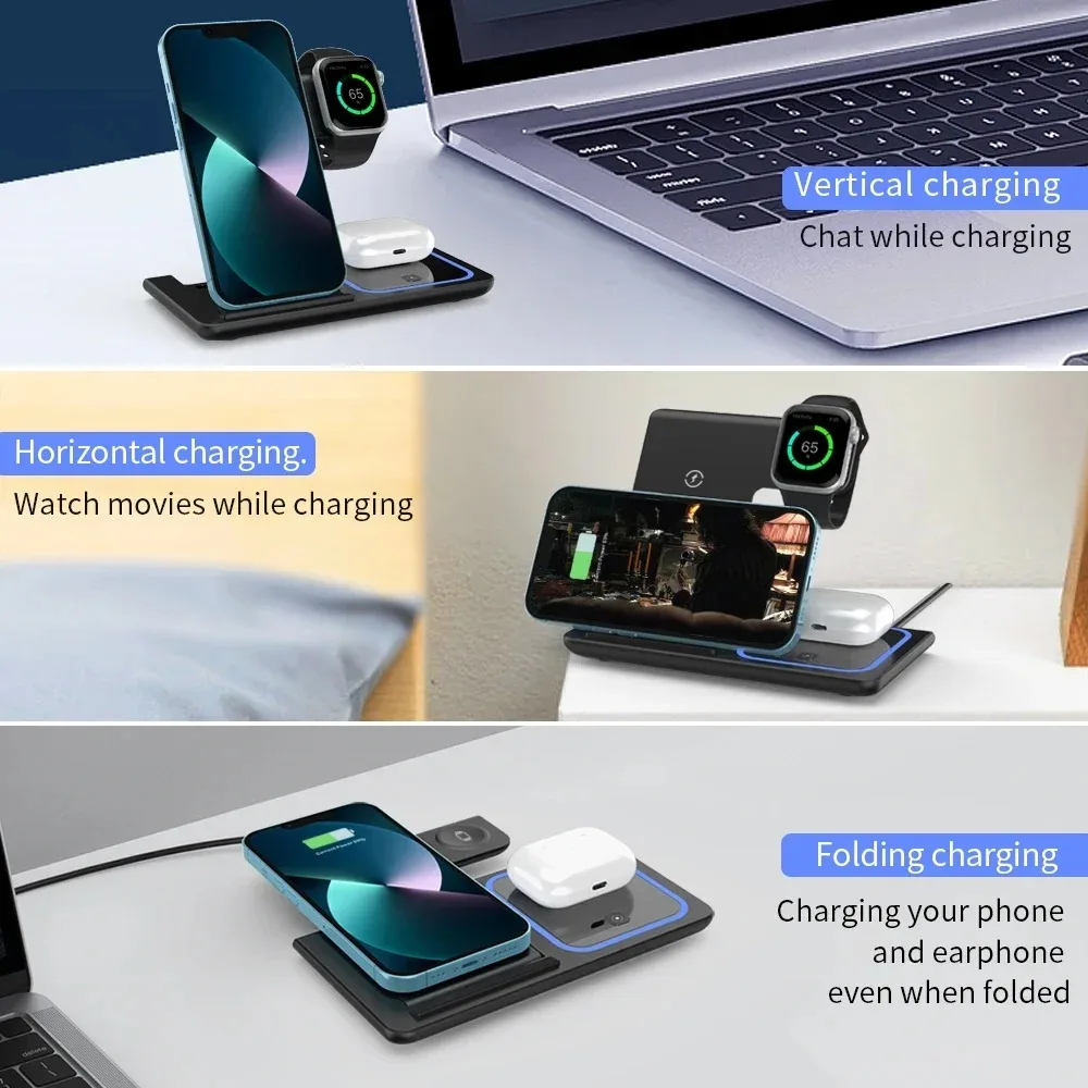 30W 3 in 1 Magnetic Fast Wireless Charger Stand Foldable Charging Station For iPhone 15 14 13 Apple Watch 9 8 7 6 5 Airpods Pro