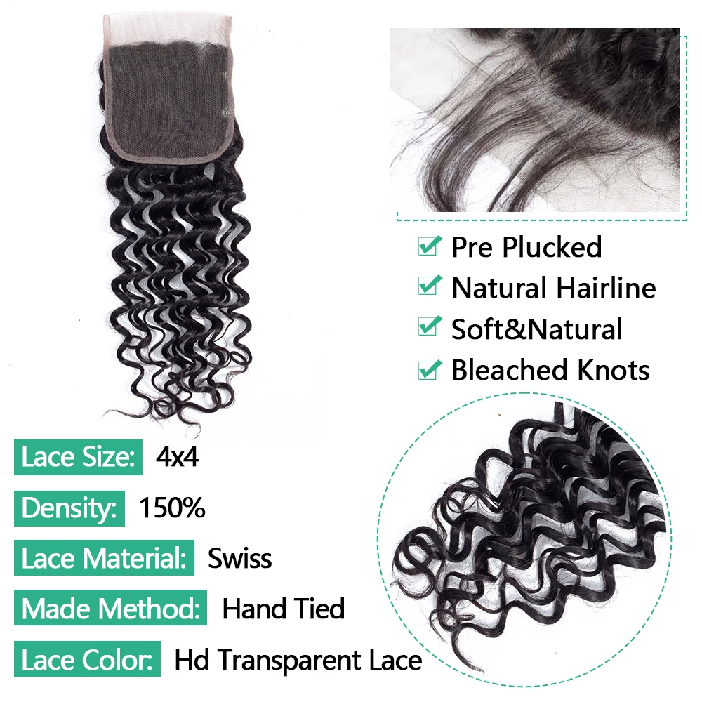 28 30 32 inch Deep Wave Bundles Human Hair Bundles with 4x4 Lace Closure Brazilian Raw Hair Bundles for Women Hair Extensions Free Shipping 3 Days Delivery