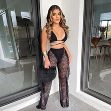 

Sexy Lace Hollow Out Hole Two Piece Set Women Top and See Through Pants 2022 Summer Bikinis Set Cover Up Outfits Wholesale Items