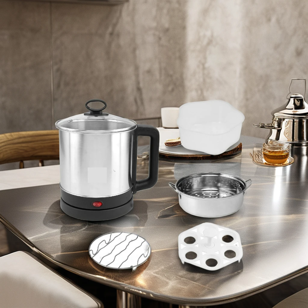 Stainless Steel Multi-Cooker Kettle with Steamer Bowl 6 Eggs Stand & Glass Lid Household Use SS Rim for Boiling