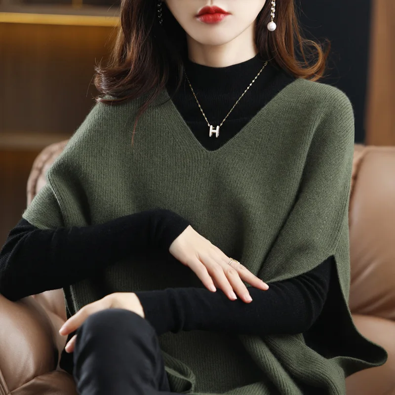 

New Fashion 2024 Women V Neck Long Sleeve Solid Loose Batwing Knitted Sweaters Autumn Winter Feamle Solid Knitwear Vests R170