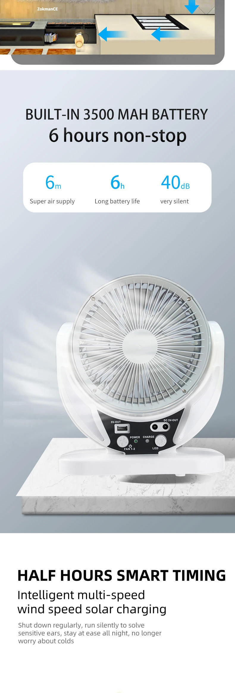 Recarregável Mini Solar Table Fan, LED Portas