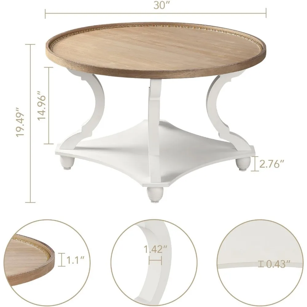 Farmhouse Round Coffee Table,  Wood Tray Top Circle Coffee Table with Storage Shelf Rustic Style 2