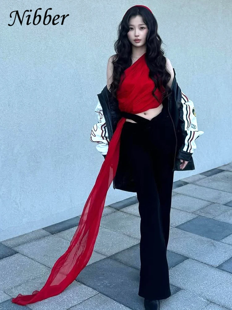 Nibber Streamer Woman One-Shoulder Vest Mesh Streetwear Solid Ruffles 2025 Summer Trend Hip Hop Charming Hot Chick Mini Tops