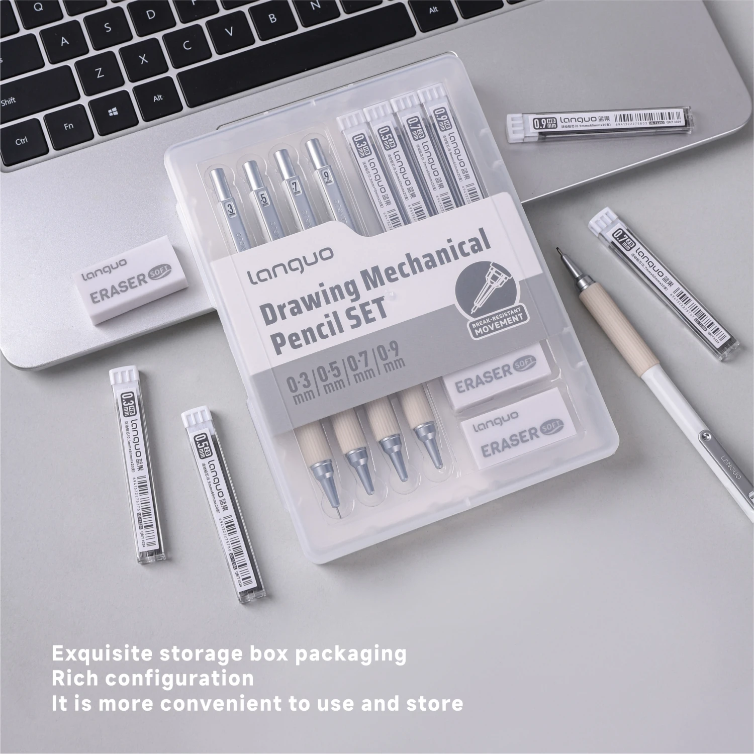 Druckbleistift-Set aus Metall, 4 Kunst-Zeichenstifte mit 80 Minen, Nachfüllungen, 3 Radiergummi-Etui zum Schreiben, Skizzieren, Zeichnen – Detail 11