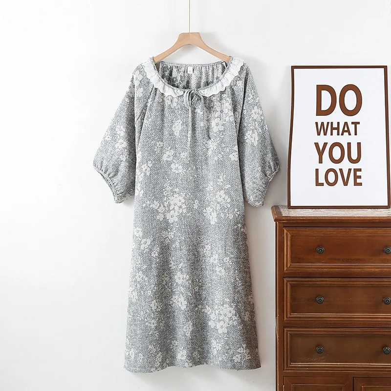 Nightwear Dresses for Women Spring and Summer Cute Sweet Fresh Style Fiber Casual Sleepwear Long Sleeved Night Gown