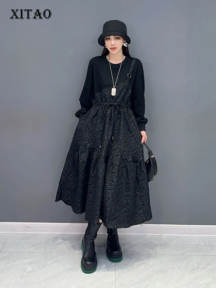 

XITAO False Two Pieces Sets Dress Loose Fashion Draw String Folds Long Sleeve Splicing Dress 2023 Winter New Women DMJ3712