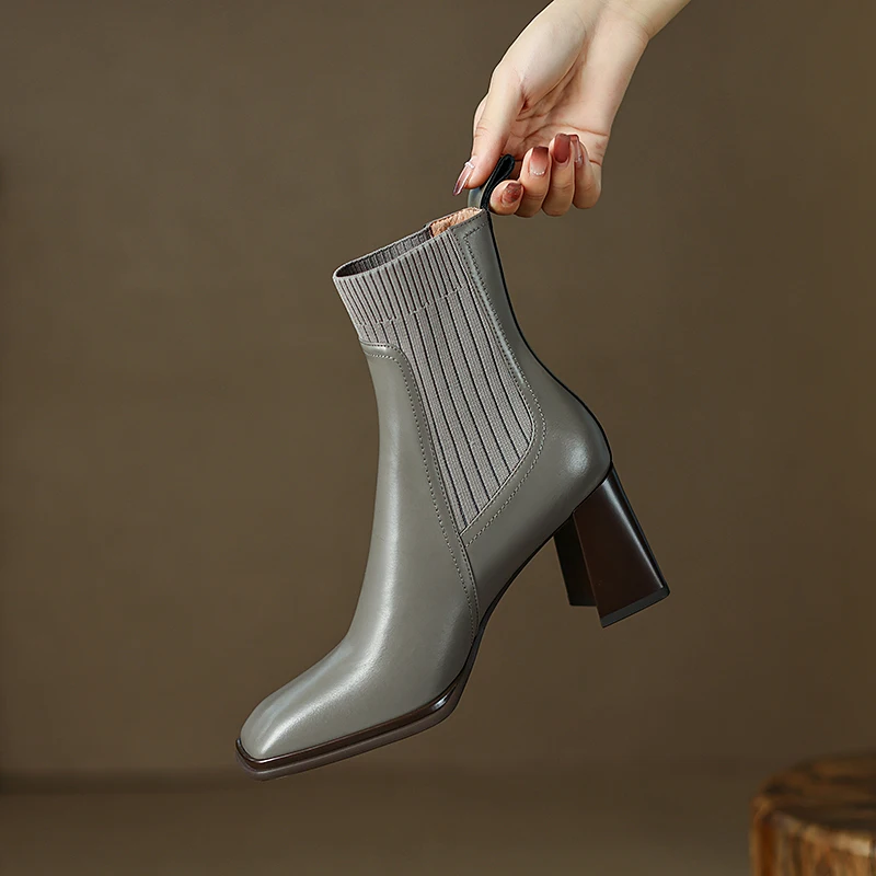 

Ankle Boots Shoes Women Thick 7cm High Heels Shoes Square head Genuine Leather There is pig skin short plush inside Elegant Y40