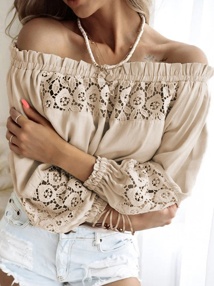 

Women Casual Patchwork Lace Shirt Tops 2022 Autumn Long Lantern Sleeve Elegant Lady Blouse Sexy Slash Neck Hollow out Club Blusa