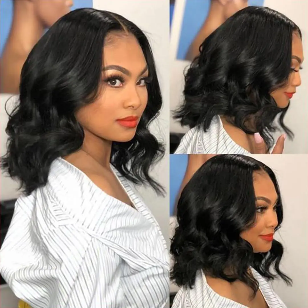 Black Short Body Wave Lace Front Wigs Glueless Natural Wave Synthetic Heat Resistant Fiber Hair Wig With Baby Hair 16 Inch