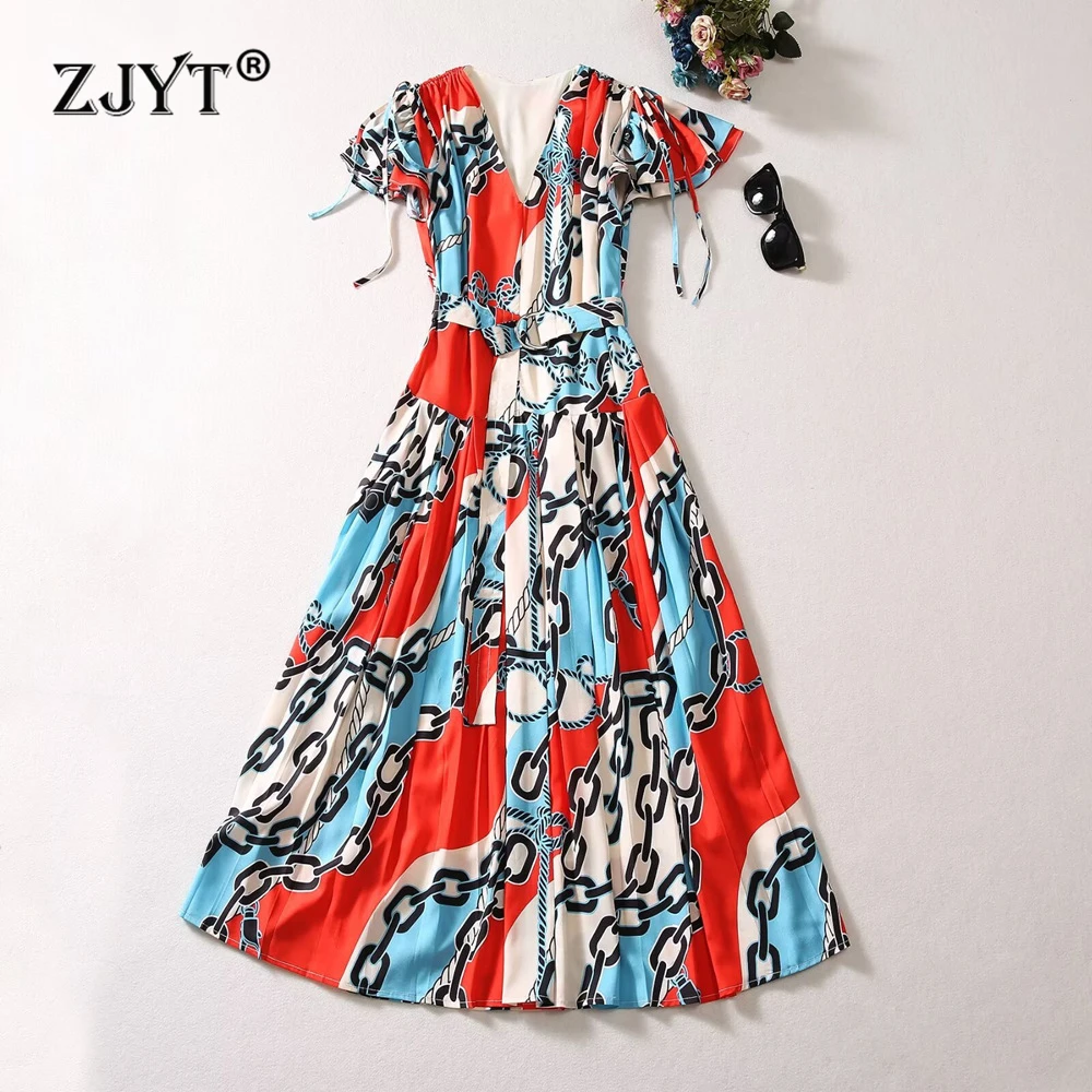 

Модные летние платья ZJYT с геометрическим принтом, женское дизайнерское Повседневное платье миди с V-образным вырезом и коротким рукавом, женская одежда, платья
