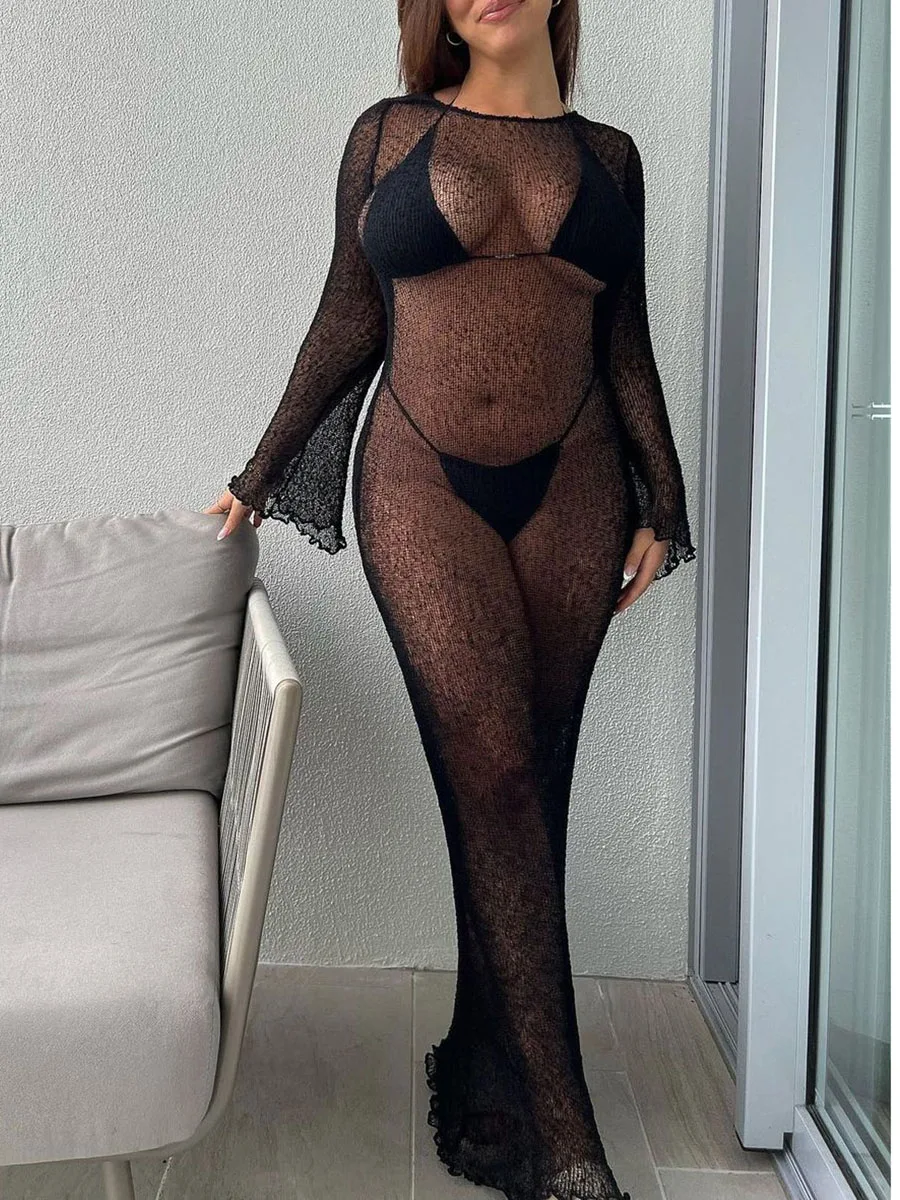 

Yiiciovy Sexy Women's Bikini Cover-up Beachwear Dress Long Sleeve Backless See-through Loose Summer Ladies Fashion Beach Dress