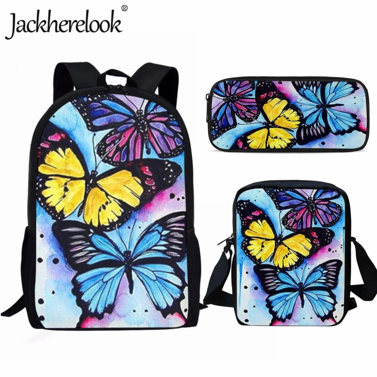 Jackherelook Artistic Butterfly Pattern Fashion Girls Backpack Casual School Bag Set Kids Book Bags Children Travel Knapsack