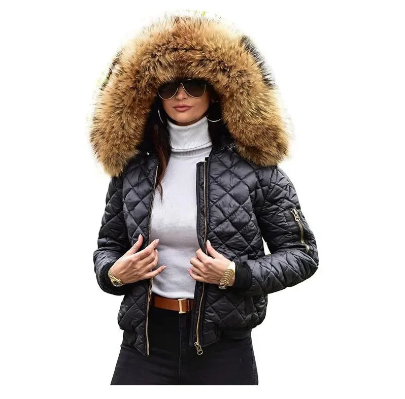 

Women Full Sleeve Hooded Fur Collar Parkas Zipper Warm Solid Casual Loose Splice Autumn Winter 2023 Short Thick Coats