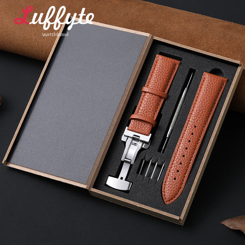 Elegant Lychee Leather Watch Band with Butterfly Buckle - Includes Gift Box