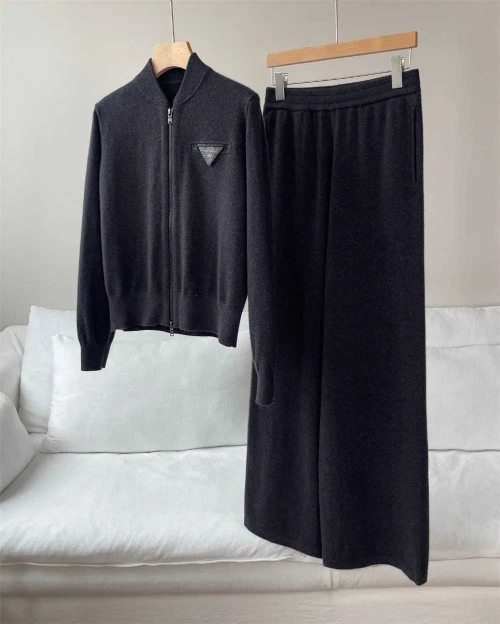 Women's Pants Suit Cashmere Beaded Stand Collar Knitted  Cardigan Jacket + High waist Wide-leg Trousers 2-Piece Set Autumn Winte 2
