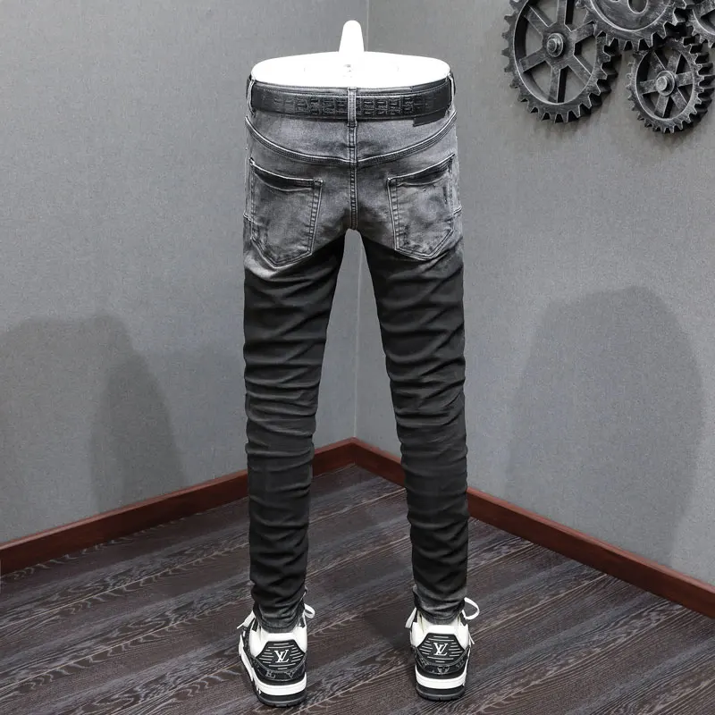 High Street Fashion Men Jeans Retro Black Gray Stretch Skinny Fit Ripped Jeans Men Color Gradation Designer Hip Hop Brand Pants