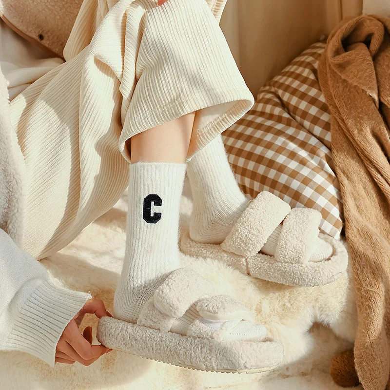 Women Wool Socks Warm Winter Thick Cashmere Casual Japanese Fashion Solid Color Comfortable Home Sock Long High Quality
