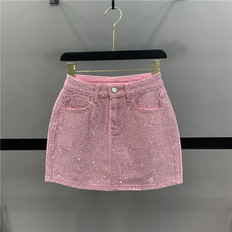 

Diamond Jean Mini Skirt Women 2023 Summer New Woman Pink Denim Short Pantskirt High Waisted Slimming Hip-Wrapped Skirts