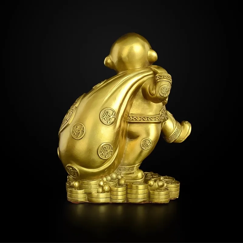 Brass Monkey Figurine Chinese Zodiac Statue - Money Holding Golden Monkey for Wealth & Luck, Home Office Desk Decor, Unique Gift