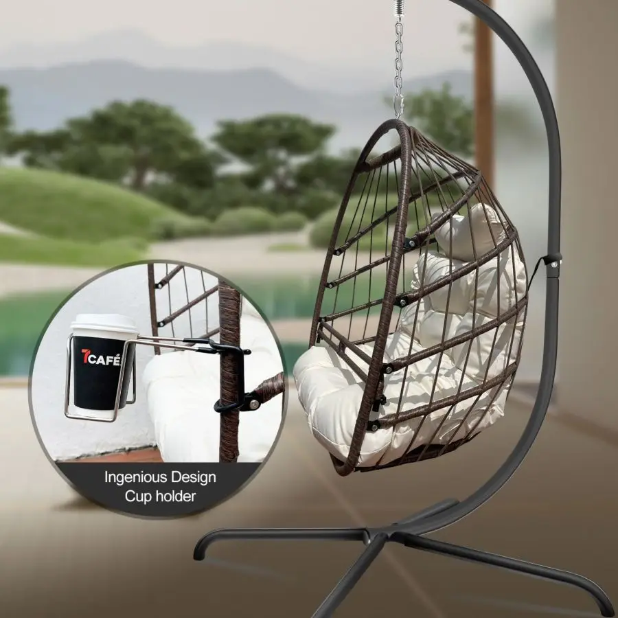 Swing Egg Chair with Stand Indoor Outdoor Wicker Rattan Patio Basket Hanging Chair with C Type bracket with cushion and pillow 5