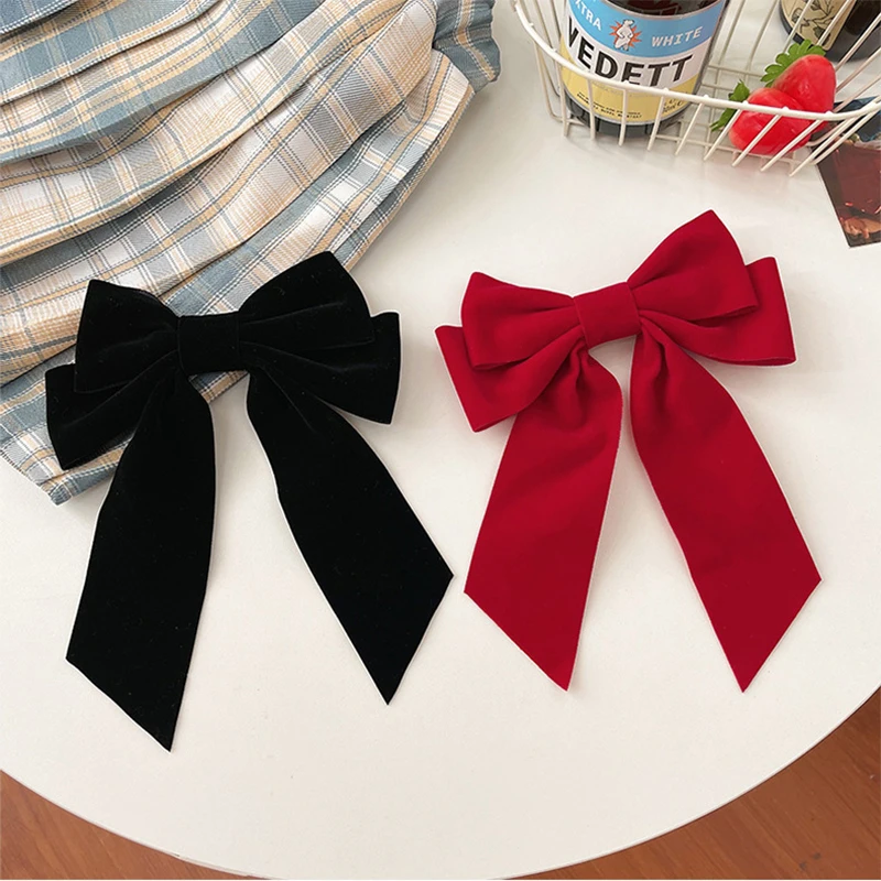 

Girls Black Red Big Velvet Bow Hair Clip For Women Vintage Wedding Long Ribbon