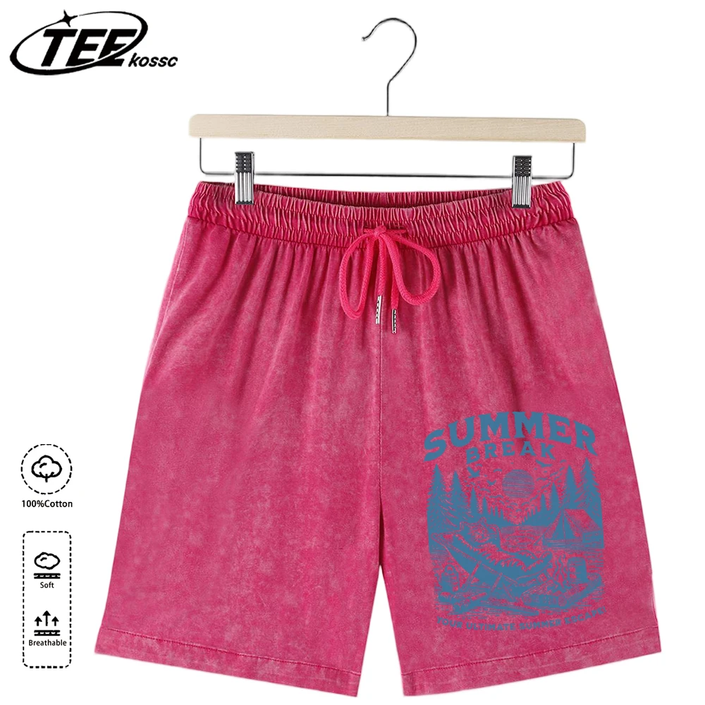 Shorts de sport amples en coton délavé pour homme, avec cordon de serrage, motif chats de camping, style basique, polyvalents, pour les vacances d'été et le quotidien