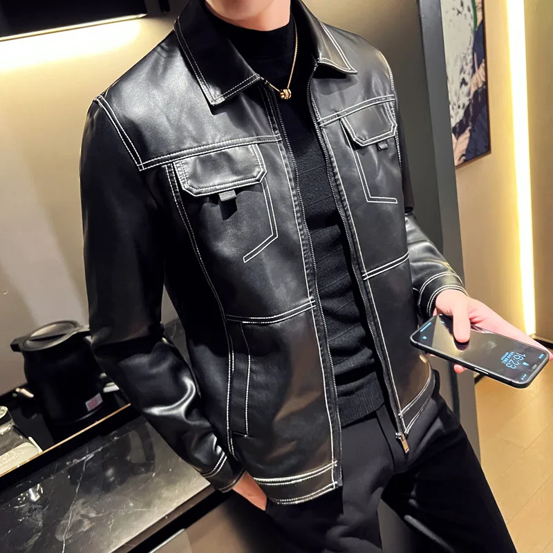 

Black Motorcycle Leather Jacket Men's 2023 Autumn and Winter Clothing New Korean Version Handsome Slim Fit Trend