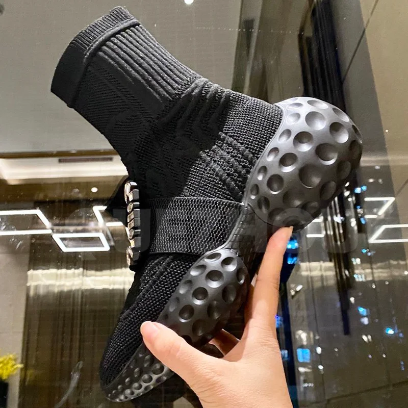 

Women Ankle Boots Spring Autumn New Woolen Weave Upper Rhinestone Decor Thick Bottom Short Boots Light Comfortable Female Shoes