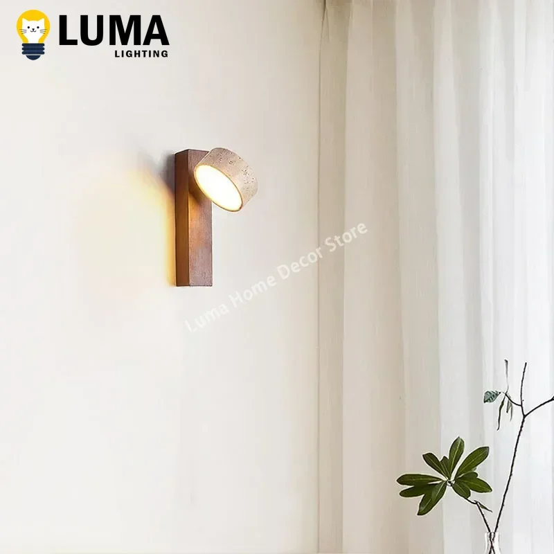 Luma Japanese Wabi Sabi Yellow Travertine Wall Lamp With Pull Chain Switch Rotable LED Wood Stone Lights for Bedside Apartment led light led wall lamp wall light