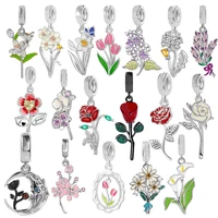 New DIY Charm Beads Jewelry Gift Black Red Roses Daisy Lily Plum blossom Tulip Fit Original 925 Sterling Silver Bracelet 1
