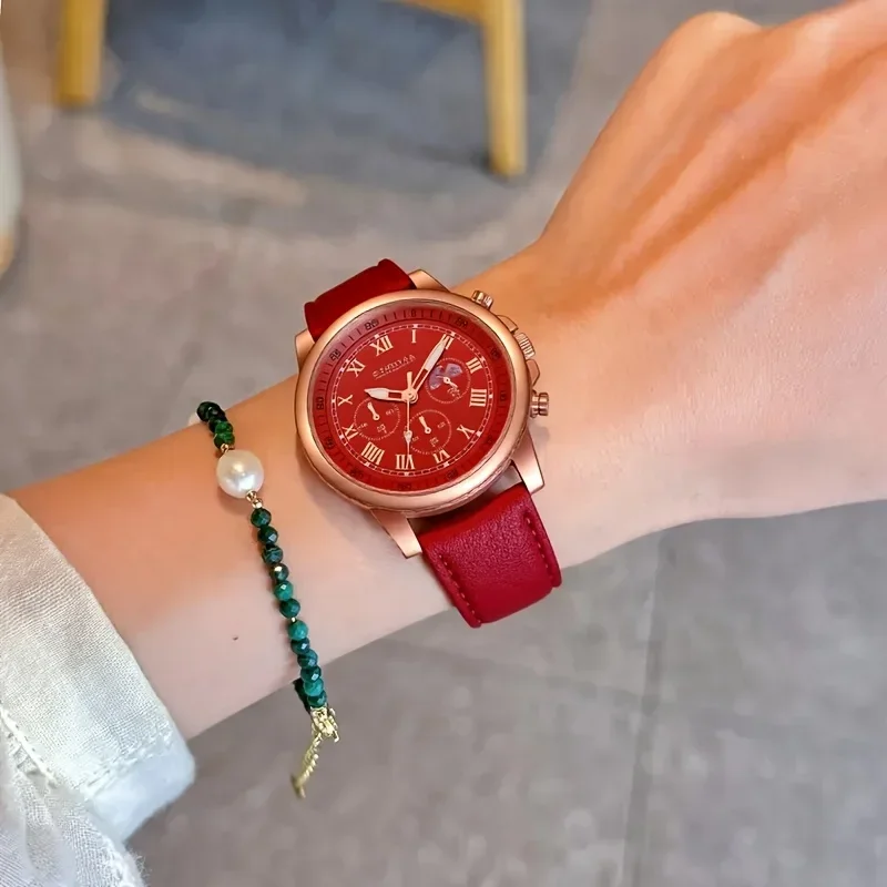 Ladies Colorful Gold Dial Leather Strap Full Diamond Watch