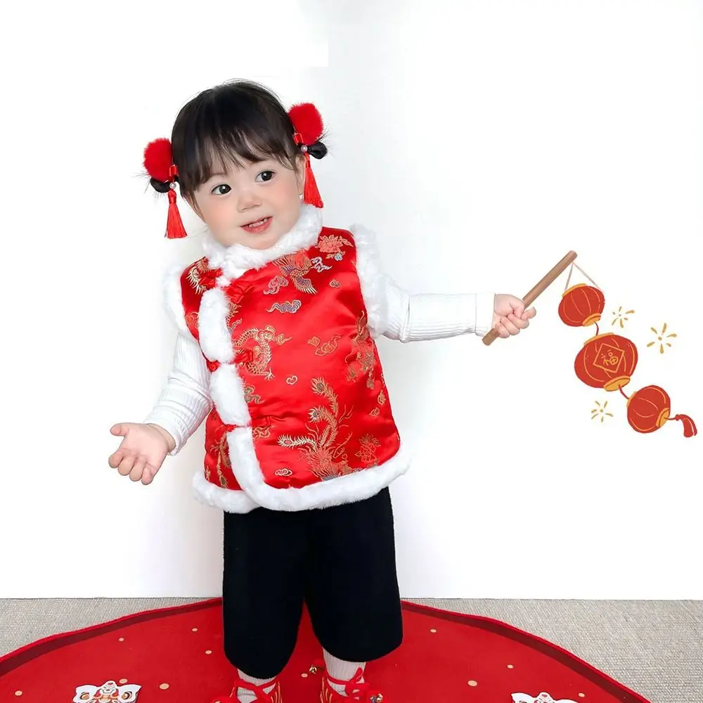 양털 소녀 조끼 코트 중국 스타일 경량 소년 당나라 스타일 상의 보온 민소매 중국 설날 재킷 겨울