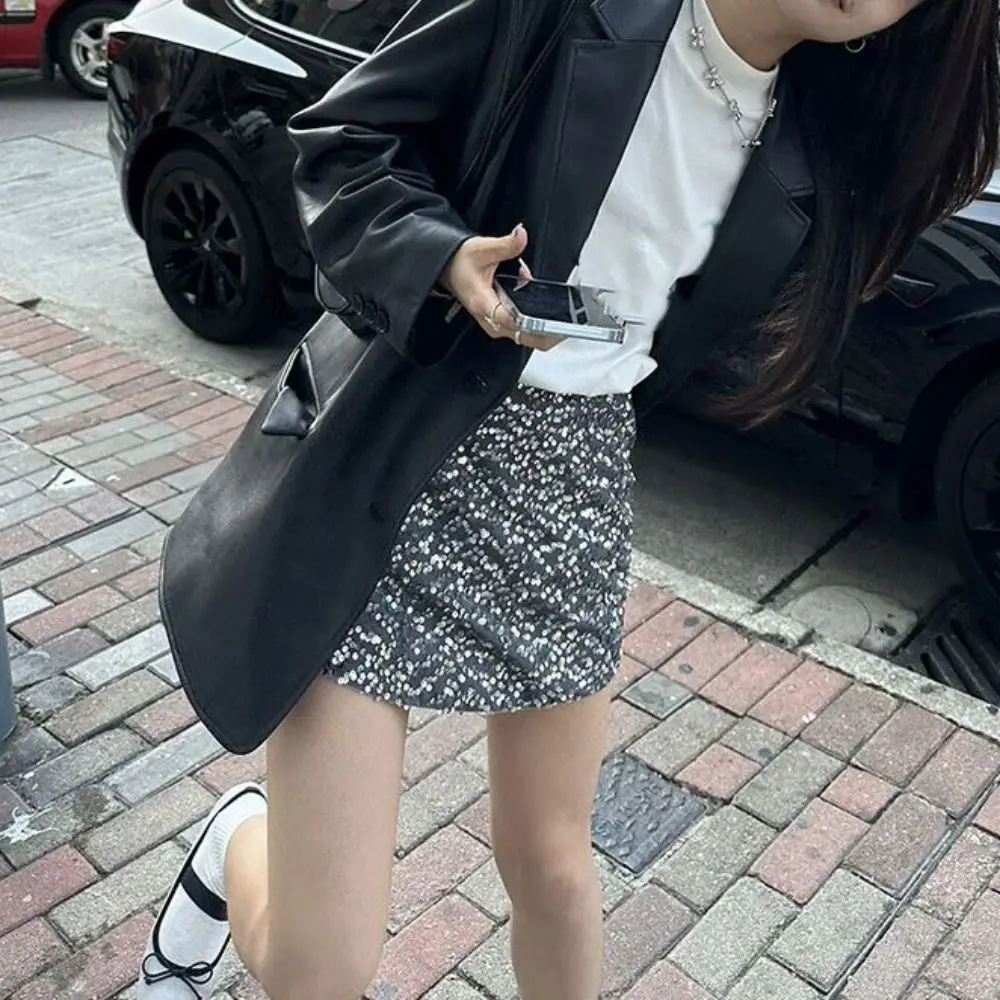 Sweet Lapel Collar Leather Jacket Women Korean Chic Retro Suit Leather Jacket Outerwear Loose Vintage PU Coats Autumn/Winter