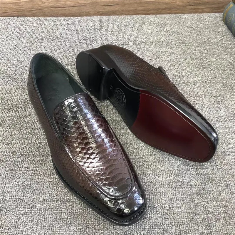 

Authentic Real Leather Goodyear Handcraft Painted Color Square Toe Men's Dress Shoes Genuine Exotic Leather Male Lace-up Loafers