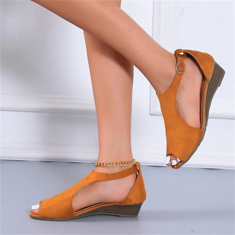 2023 New Wedge Ankle-Strap Buckle Peep Toe Suede Peep Toe Hot Women's Sandals