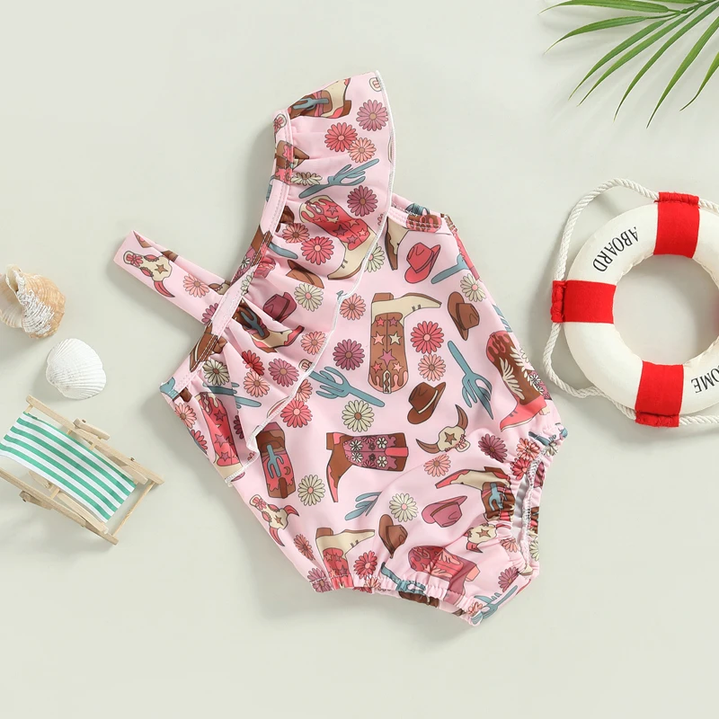 6M-2T Girls Summer Casual Cute Swimsuit Sleeveless One-Shoulder Floral Swimsuit Brown Pink