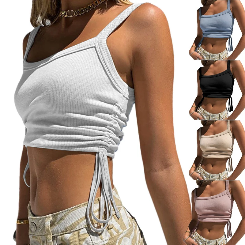 

Spring and Summer New Women's Tops Solid Color Threaded Pit Strips Sexy Square Collar Camisole Vest Top