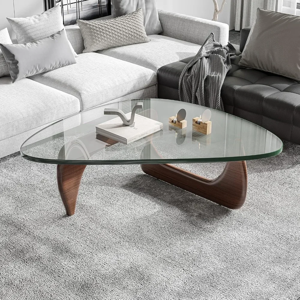 Triangle Coffee Table Modern Noguchi Vintage End Table, Solid Wood Base and Clear Glass Top Accent, for Living Room, Patio(Dark 5