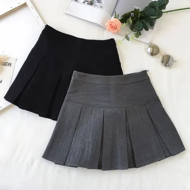 Fashion A Line Women Pleated Skirt High Waist Zipper Grey Student Mini Skirt JK Summer New Black Ladies Suit