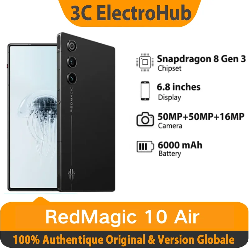 Nouveau Red Magic 10 Air global Edition smartphone, 6.8 pouces jusqu'à 120Hz, Snapdragon 8 gen3, redcore r3, 6000mah 80W charge