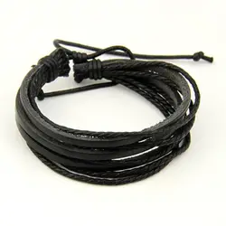 Men's Handwoven Multilayer Leather Bracelet - Handmade Lace - Up Design (Black)
