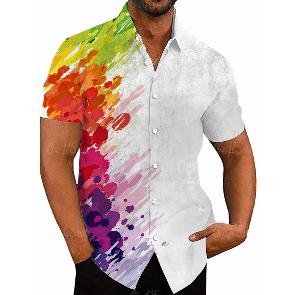Hawaii Men's Shirts Rainbow Pattern 3D Printing Short Sleeve Lapel Button Casual Streetwear Vintage Floral Social Clothing Sale 6