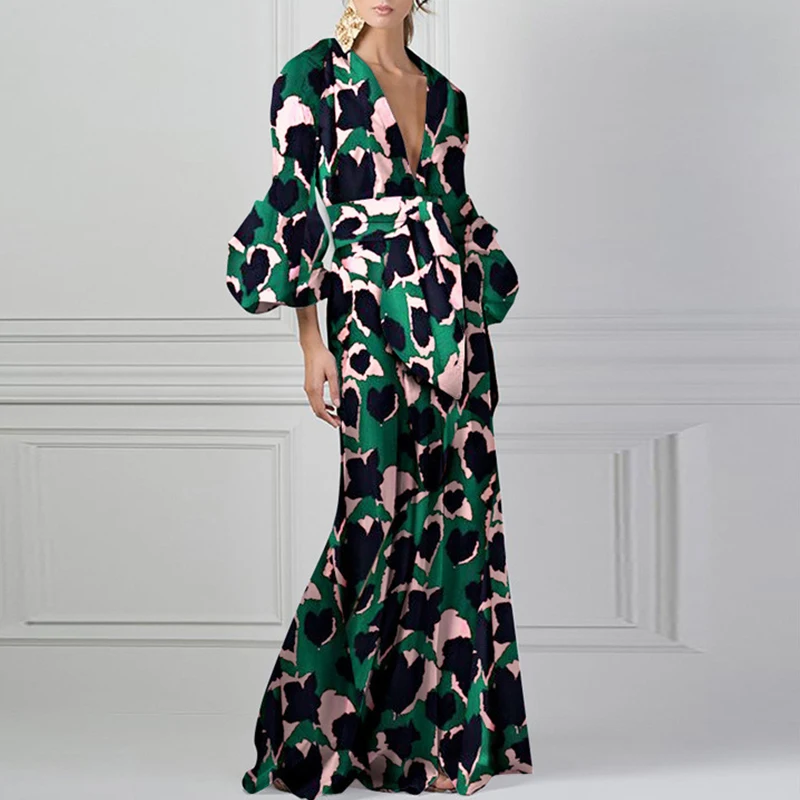 

Sexy Deep V-neck Tunic Boho Long Dress Women Spring Printing High Waist Party Maxi Dress Autumn Lantern Sleeve A-Line Lady Dress