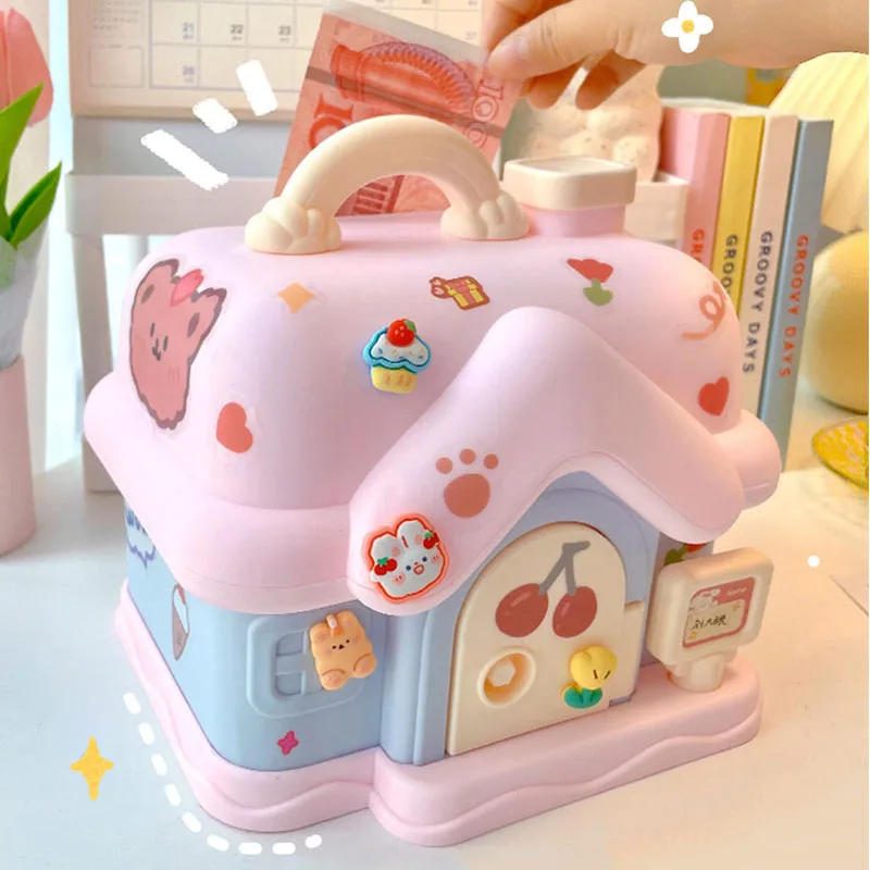 Cute House Piggy Bank With 3D Sticker Kawaii Large Size Safe Money