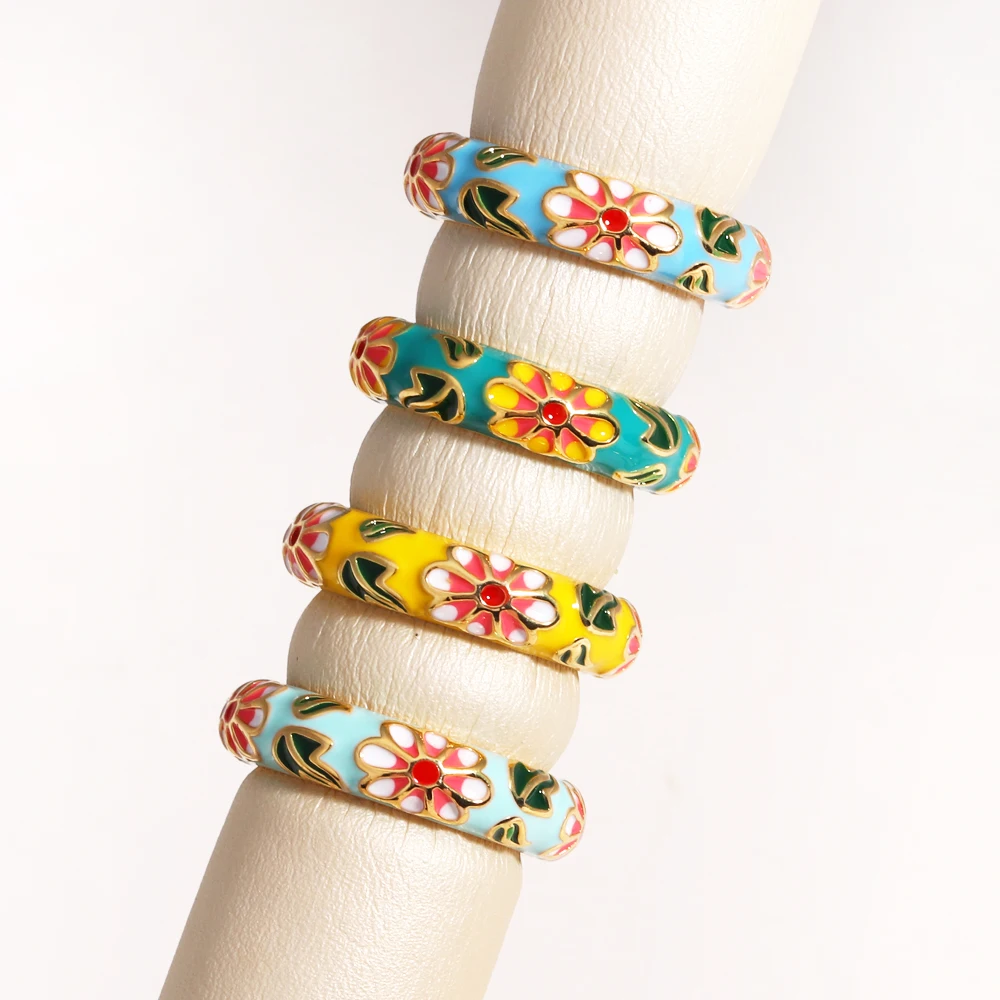 Vintage bunte Emaille Blumenringe trendige geometrische weibliche minimalistische Blume für Damen Hochzeit Party Verlobung Schmuck Geschenk – Detail 3