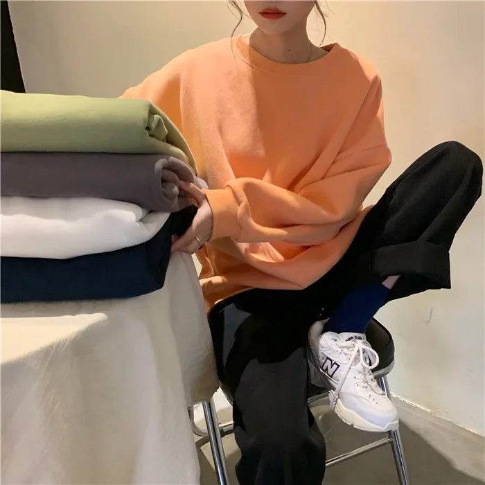 Winter Women Wool Liner Hoodies Sweatshirts Warm Solid Basic Loose All-match Pullover Female New Fashion Long Sleeve Sweatshirt