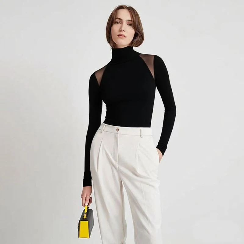 2025 Autumn New Women's Clothing Semi-turtleneck Hollow Slim-fitting Long-sleeved T-shirt Solid Color Elegant Bottoming Blouse