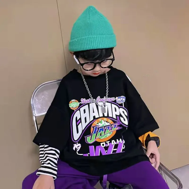Young Boys' Fake Two Pieces Sweatshirts Pullover O-neck Cartoon Letter Printing Long Sleeve Shirts Striped Patchwork 4-12 Yrs kids sweater kids hoodie sweatshirts