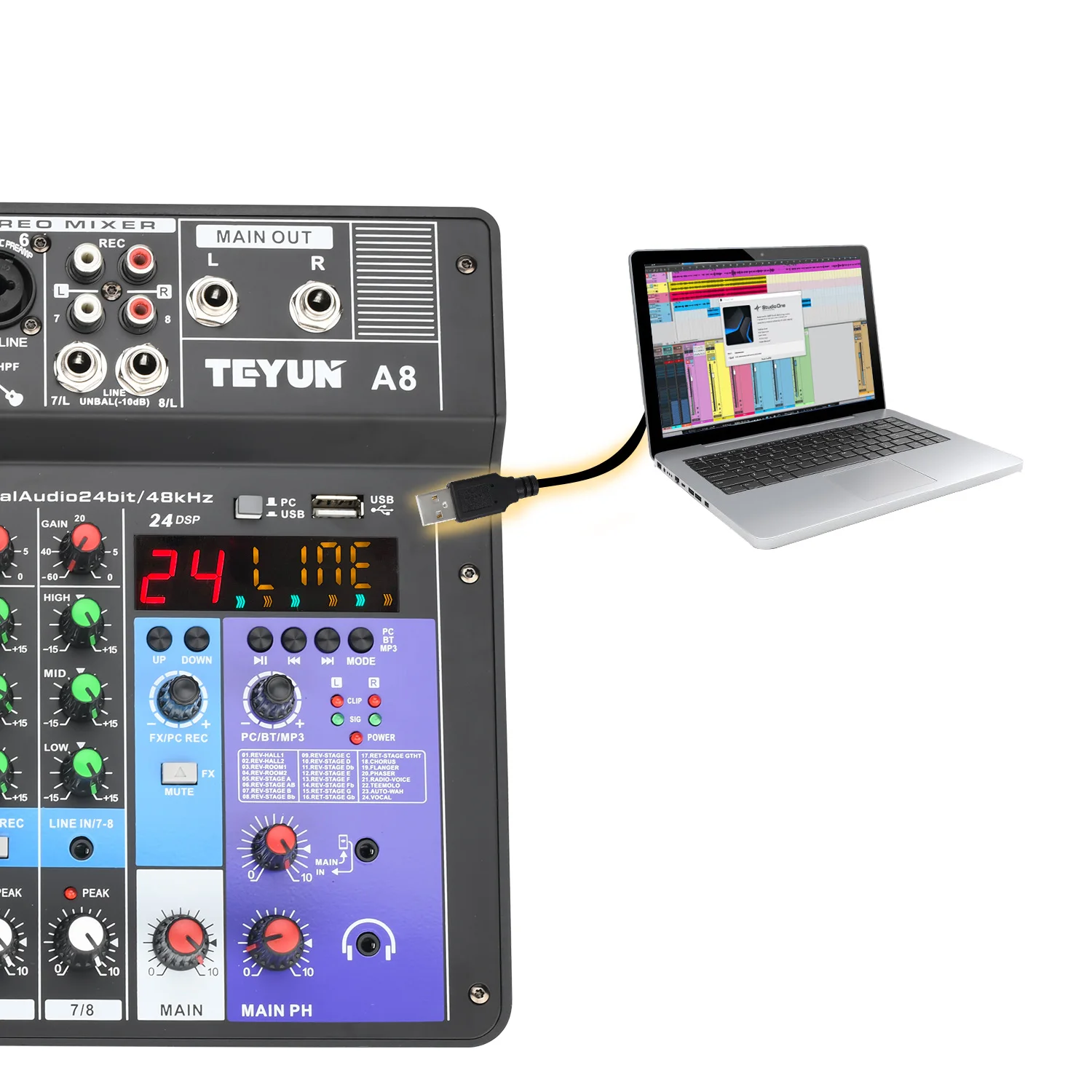 8 Channel Mixing Console 24 DSP Effect Audio Mixer Bluetooth PC USB Play Recording 48V Sound Table Desk A8 audio mixer
